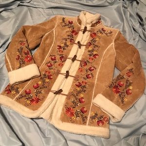 Tan Suede Floral Embroidered Faux Sherpa Coat
